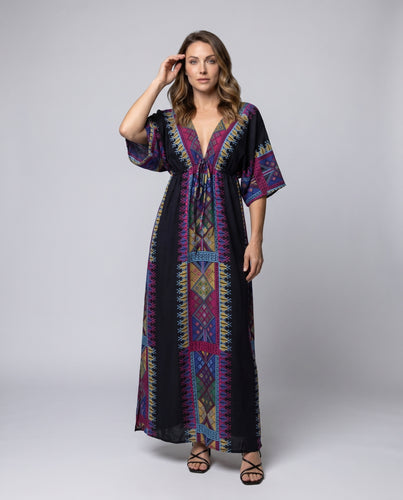 Damen Maxikleid mit tiefem V-Ausschnitt und farbenfrohem geometrischen Muster Heidi Mode