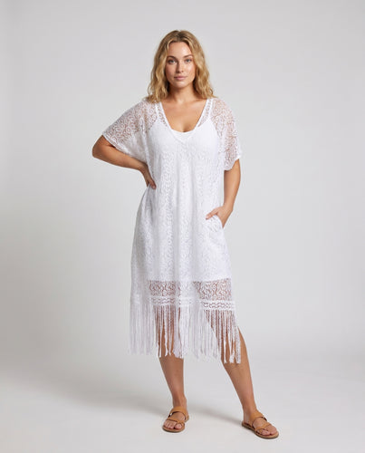 Damen Spitzen-Strandkleid mit fransenverziertem Saum Heidi Mode