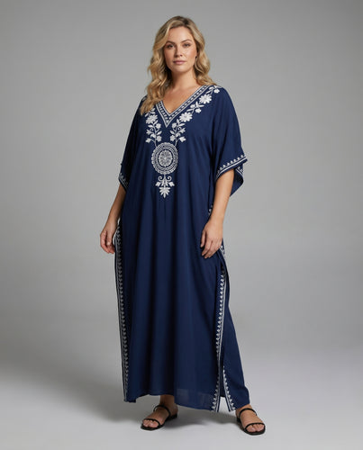 Damen Strandkaftan mit aufwendiger Bordüre und seitlichen Schlitzen Heidi Mode