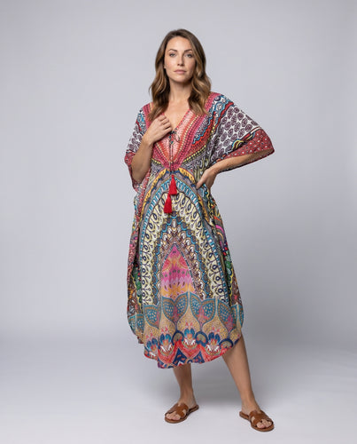 Damen Strandkaftan mit kunstvollem Druck und fröhlichen Quasten Heidi Mode