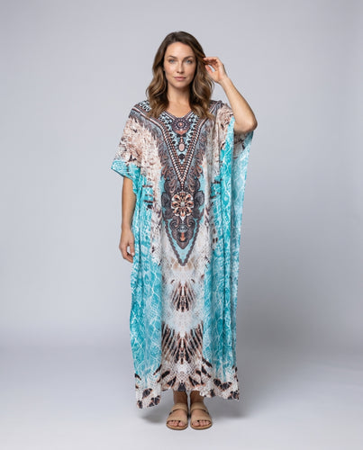 Damen Strandkaftan mit kunstvollem geometrischem Muster und eleganter Bestickung Heidi Mode
