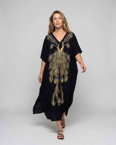 Damen Strandkaftan mit kunstvoller Pfauenstickerei Heidi Mode