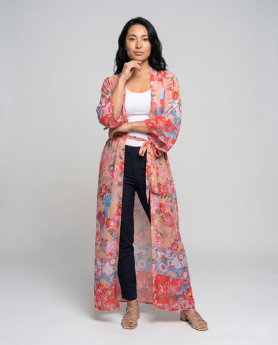 Damen Strandkimono mit floralen Mustern und luftigen Ärmeln Heidi Mode