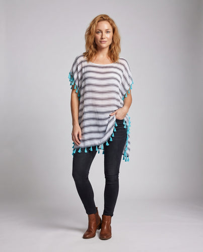 Damen Strandtunika mit fransenverziertem Saum und gestreiftem Design Heidi Mode