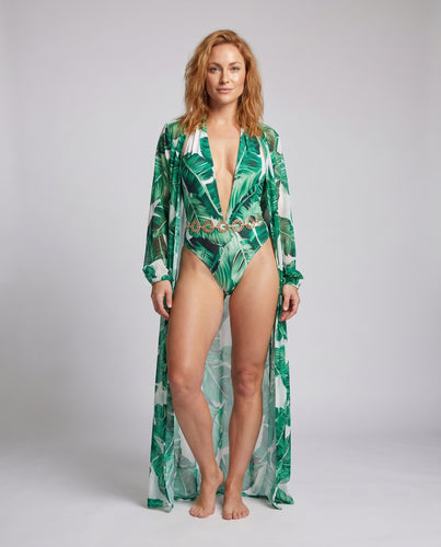 Damen Strandüberwurf mit floralem Palmendruck Heidi Mode