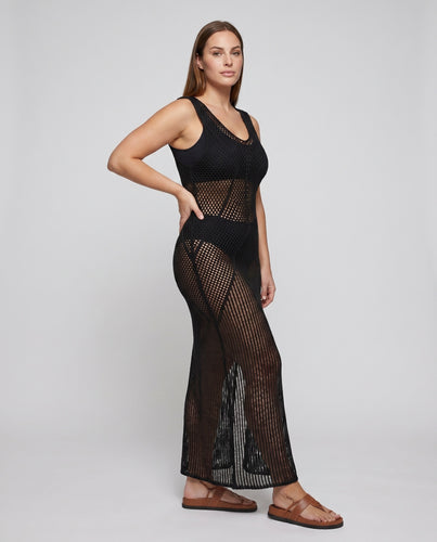 Damen Strickstrandkleid mit seitlichen Schlitzen und netzartiger Struktur Heidi Mode