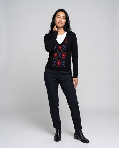 Damen nan Argyle-Feinstrickpullover mit tiefem V-Ausschnitt, taillierter Passform und integrierter Layer-Optik