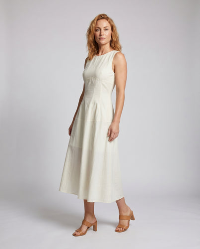 Damen nan ärmelloses Leinen-Baumwoll-Maxi-Kleid mit taillierten Abnähern, weitem A-Linien-Rock und seitlichen Kordelzügen