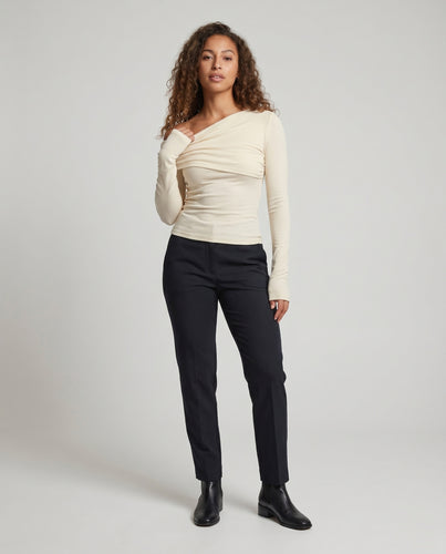 Damen nan asymmetrisches Ein-Schulter-Rippshirt mit seitlicher Raffung und Daumenlochärmeln