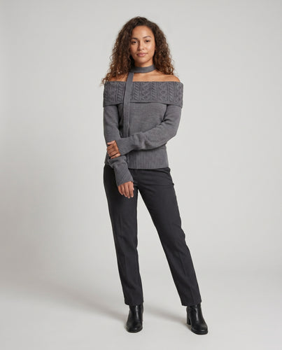 Damen nan breiter Umschlagkragen Strickpullover mit Zopfrelief und angenähtem Choker
