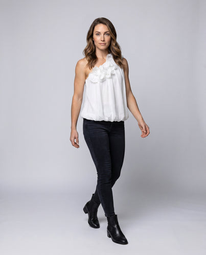 Damen nan einseitiges Organza-Top mit 3D-Blütenapplikation und balloniertem Saum