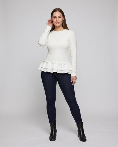 Damen nan elegante Peplum-Blusenshirt mit Lagenvolant, Spitzenkante und elastischem Jersey