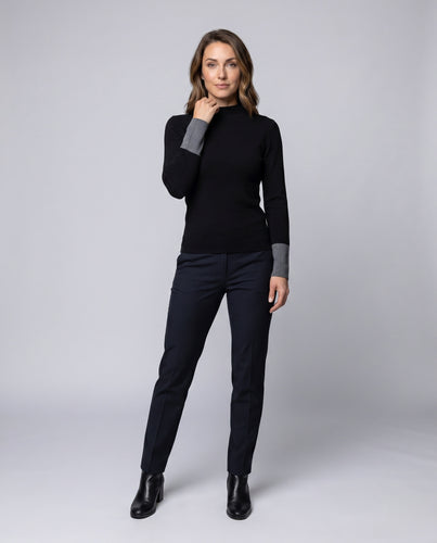 Damen nan eleganter Feinstrickpullover mit Stehkragen und zweifarbigem Ärmelabschluss