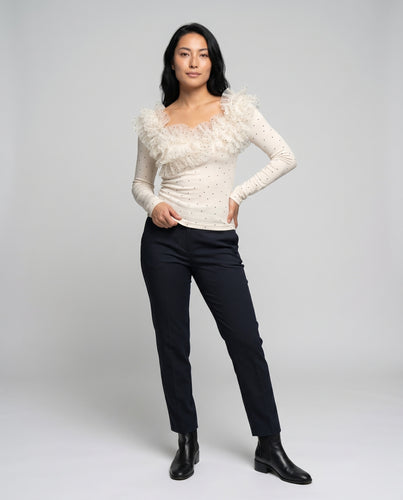 Damen nan elegantes Langarm-Top mit mehrlagigem Tüll-Joch und zartem Punktmuster