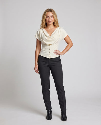 Damen nan elegantes Wasserfall-Top mit tiefem drapiertem Ausschnitt, Fledermausärmeln und taillierter Passform