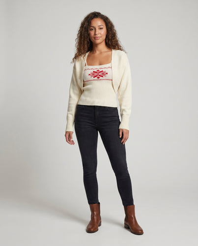 Damen nan Fair-Isle Bustier-Set mit gerippter Corsage, offener Schalkragen-Cardigan und abnehmbarer Kunstfellstola