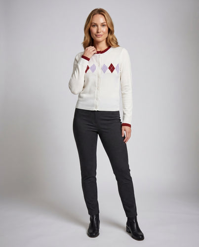Damen nan Feinstrickcardigan mit Rautenmuster, Rundhals und Knopfleiste