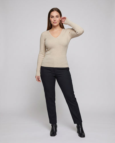 Damen nan figurbetonter Ripp-V-Pullover mit Hüftlänge und verlängerten Manschetten