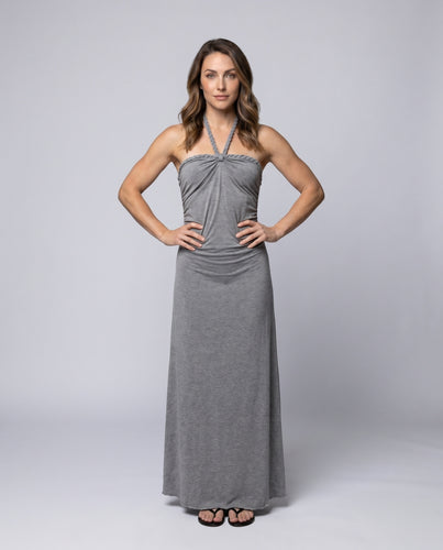 Damen nan figurbetontes Maxikleid mit Neckholder-Kordel, gerafftem Bustier und weichfallendem Jersey