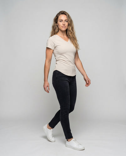 Damen nan figurbetontes V-Ausschnitt Kurzarmshirt aus elastischem Jersey mit formenden Nähten