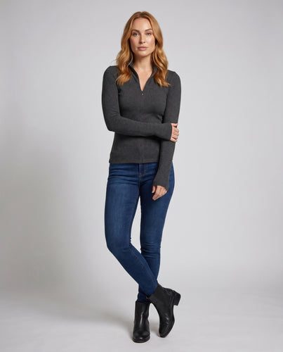 Damen nan figurbetontes Zip-Feinstrickshirt mit Stehkragen und verlängerten Ärmelabschlüssen