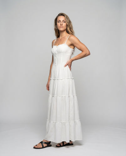 Damen nan fließendes Stufen-Maxikleid mit integrierter Korsett-Optik, Spaghettiträgern und Knopfleiste