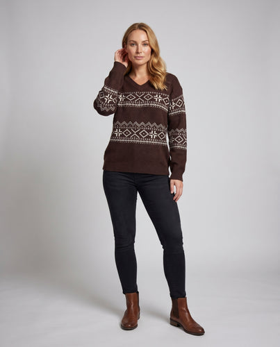 Damen nan gemütlicher Norweger-Strickpullover mit V-Ausschnitt, Fair-Isle-Muster und lockerer Passform