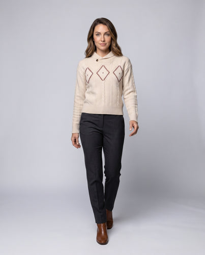 Damen nan grobgestrickter Pullover mit Zopfmuster, Rauteneinsatz und weitem Rippbund