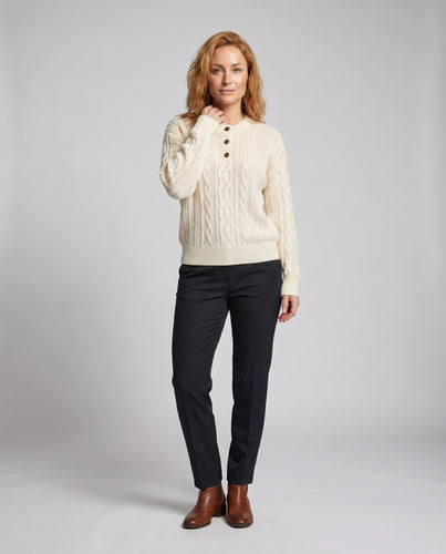 Damen nan grobgestrickter Zopfmuster-Pullover mit Henley-Knopfleiste und Ballonärmeln