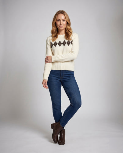 Damen nan klassischer Strickpullover mit Rautenmuster und Rundhalsausschnitt