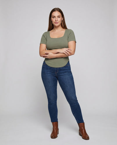 Damen nan körperbetontes Crop-Shirt mit eckigem Ausschnitt, elastischem Stretchjersey und taillierter Passform