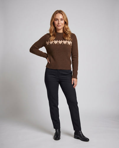 Damen nan kuscheliger Rautenstrick-Pullover mit Argyle-Muster, Rundhalsausschnitt und Rippbündchen