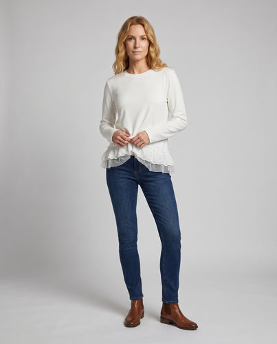 Damen nan Langarm-Sweatshirt im Boho-Look mit doppeltem Volant aus Broderie und Tüll
