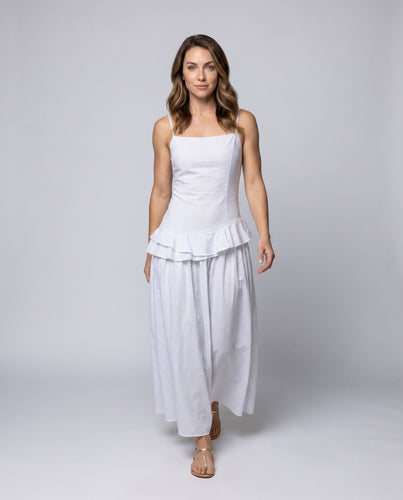 Damen nan Längsstreifen-Sommerkleid mit schmalen Trägern, geraffter Brustpartie und Volantstufe