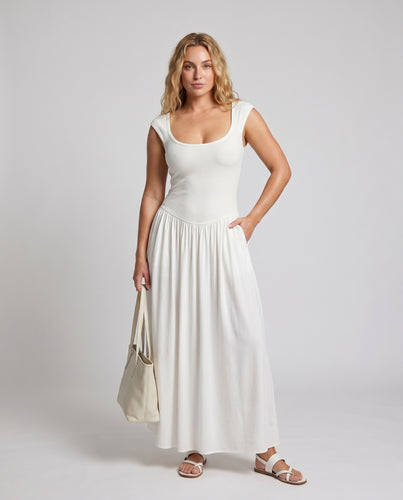 Damen nan Maxikleid mit formendem Rippbustier, weitem fließendem Rock und U-Ausschnitt