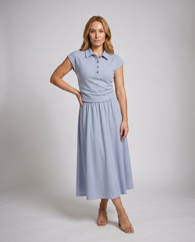 Damen nan Polokragen-Set aus elastischem Jersey mit tailliertem Polooberteil und hochtailliertem Midirock