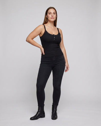 Damen nan schmal geschnittenes Rippbustier-Cami mit zarter Spitzenblende und dekorativer Knopfleiste