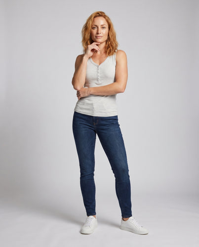 Damen nan schmal geschnittenes Rippjersey-Achseltop mit Henley-Knopfleiste und tiefem V-Ausschnitt