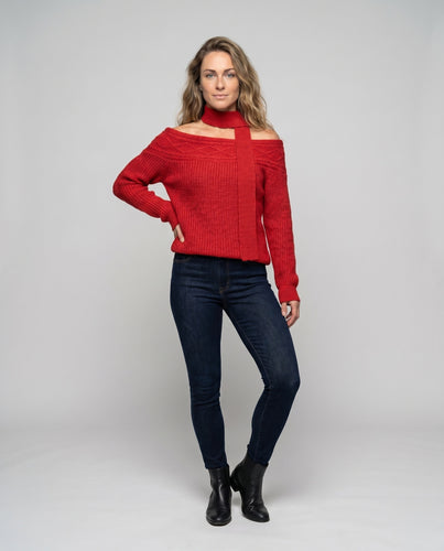 Damen nan schulterfreier Strickpullover mit integriertem Schal und Zopfmuster
