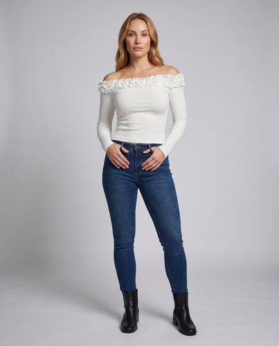 Damen nan schulterfreies Rüschenoberteil aus Feinstrick figurbetontes Langarmshirt