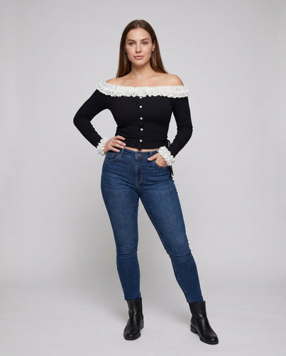 Damen nan taillierte Off-Shoulder Strickjacke mit asymmetrischem Rüschenkragen und Zierknopfleiste