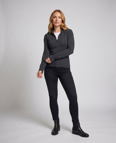 Damen nan taillierter Feinstrick-Cardigan mit halbem Reißverschluss, Daumenlochärmeln und formender Silhouette
