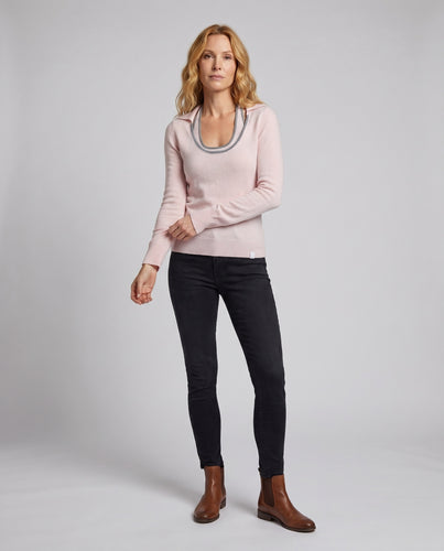 Damen nan tailliertes Feinstrick-Longsleeve mit geschwungenem Matrosenkragen und Kurzknopfleiste