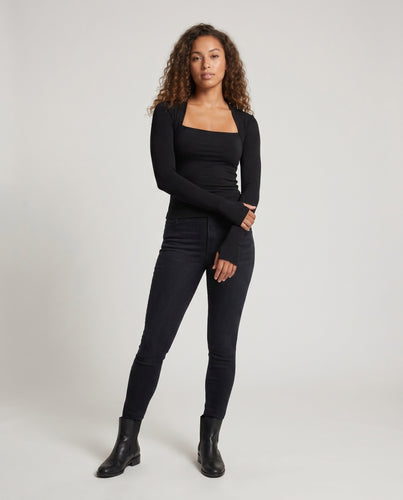 Damen nan tailliertes Langarm-Wickelshirt mit asymmetrischem Ausschnitt und Daumenlochärmeln