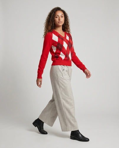 Damen nan V-Ausschnitt Argyle-Pullover aus feinem Strick mit gerippten Abschlüssen