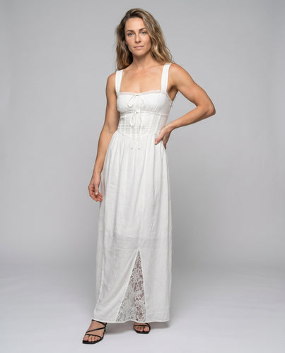 Damen nan zartes Corsage-Maxikleid mit Schnürungsdetail, eingearbeiteter Spitzenbahn und seitlichem Schlitz
