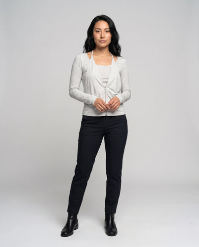 Damen nan zweilagiges Langarmshirt mit Frontreißverschluss integriertem Cami und geflochtenen Trägern