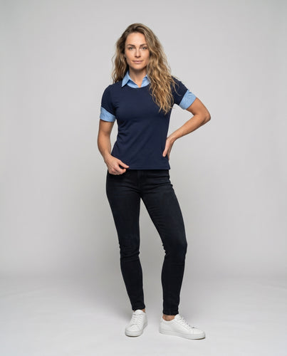 Damen nan zweilagiges Shirt mit eingenähtem Hemdkragen und kurzärmeligem Pullovereffekt