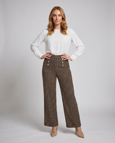 Damen elegante Tweed-Hosen mit hoher Taille und dekorativen Knöpfen