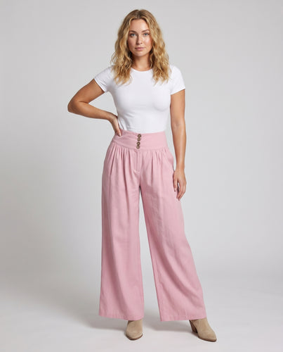 Damen weite Palazzo-Hose mit erhöhtem Bund und Knopfdetails